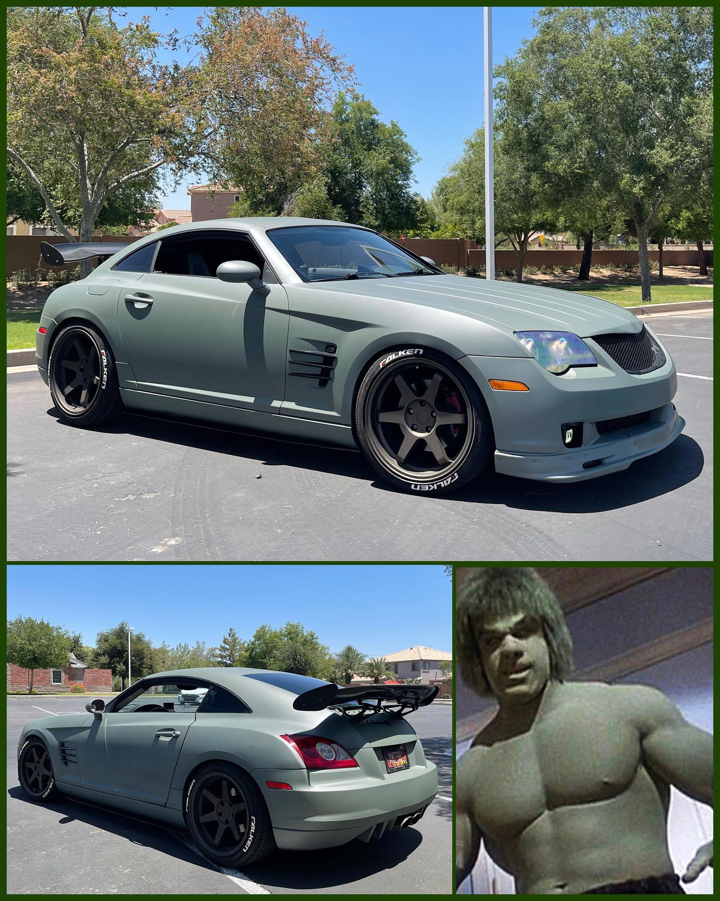 So I did a thing… maybe a few. Halos, demon eyes, side skirts and new color. #restorationcomplete #louferrigno #hulkgreen #dyc #az #projectcar #chryslercrossfire #hulksmash
